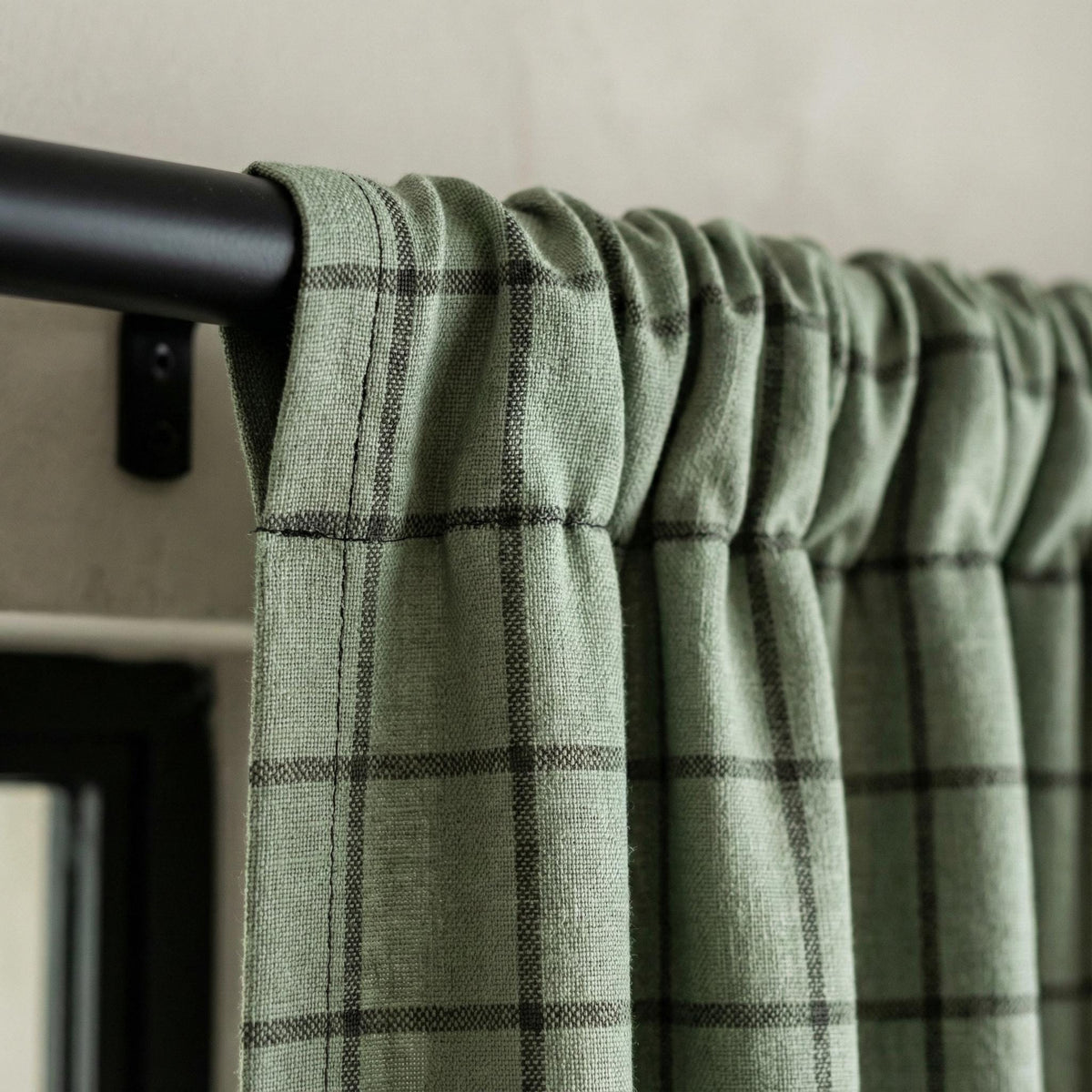 Organic Linen Curtains: Sage Green Windowpane Check (Blackout or Light Filtering) — image 4