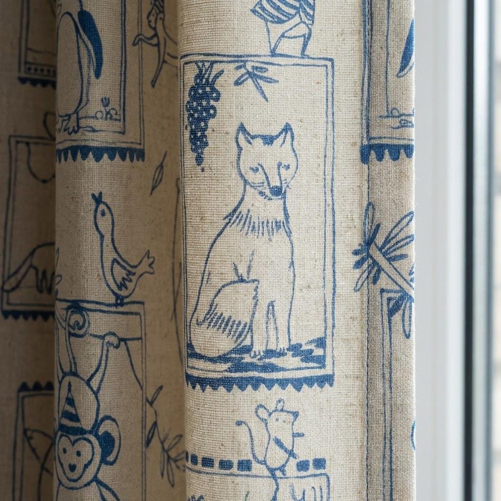 Blue Animal Sketch Linen Nursery Curtains | Flax Linen, Playful Zoo Print — image 1