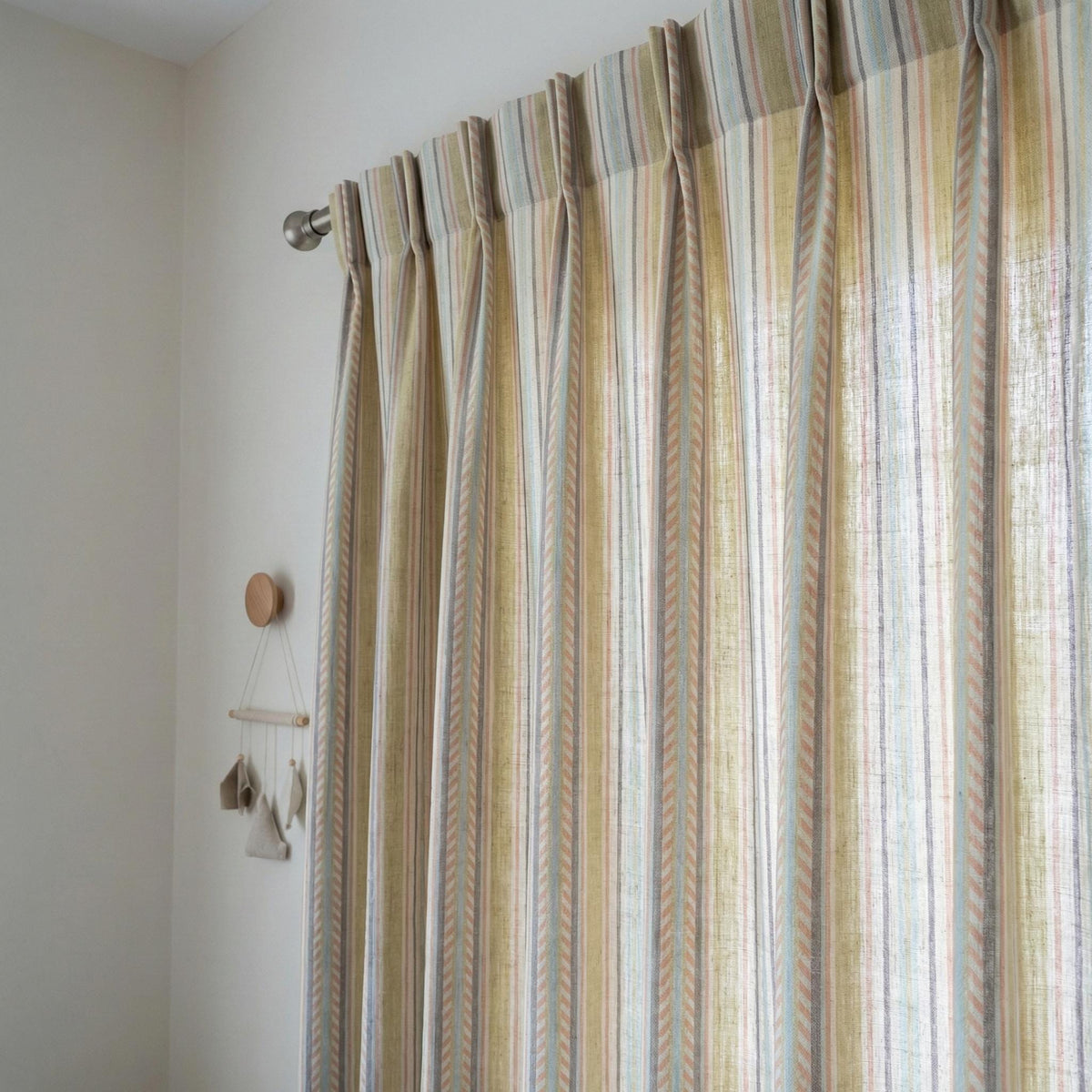 Pastel Stripe Linen Curtains, Oatmeal Nursery Drapes, Cotton or Blackout Liner — image 3