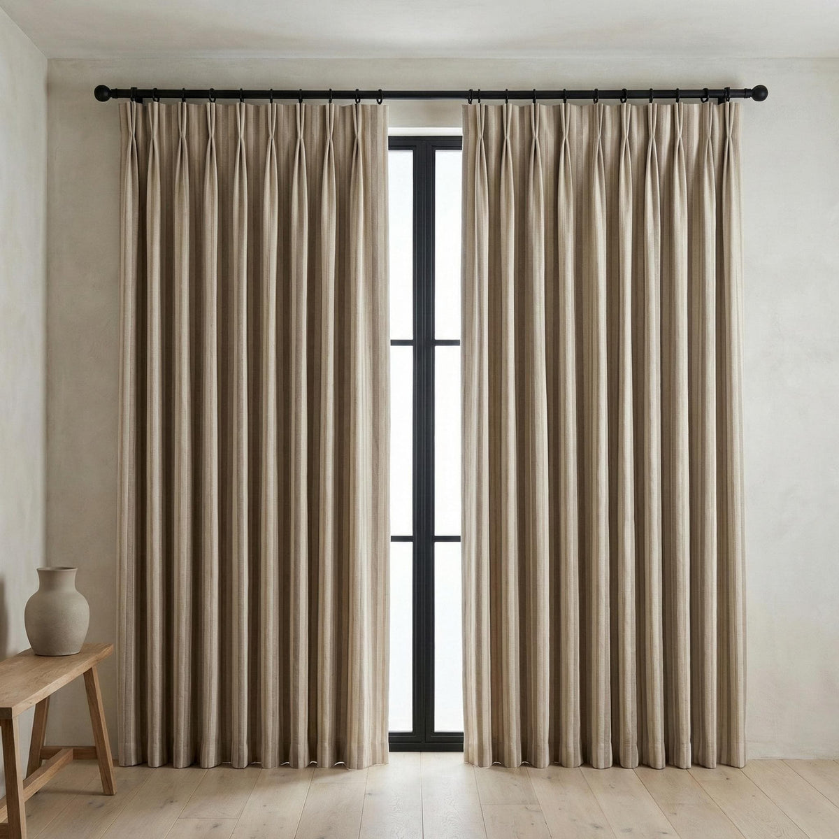 Pure Linen Pinch Pleat Curtains, Taupe & Beige Farmhouse Stripe Drapes, Custom Sizes, Blackout or Cotton Lined, Single or Pair — image 7