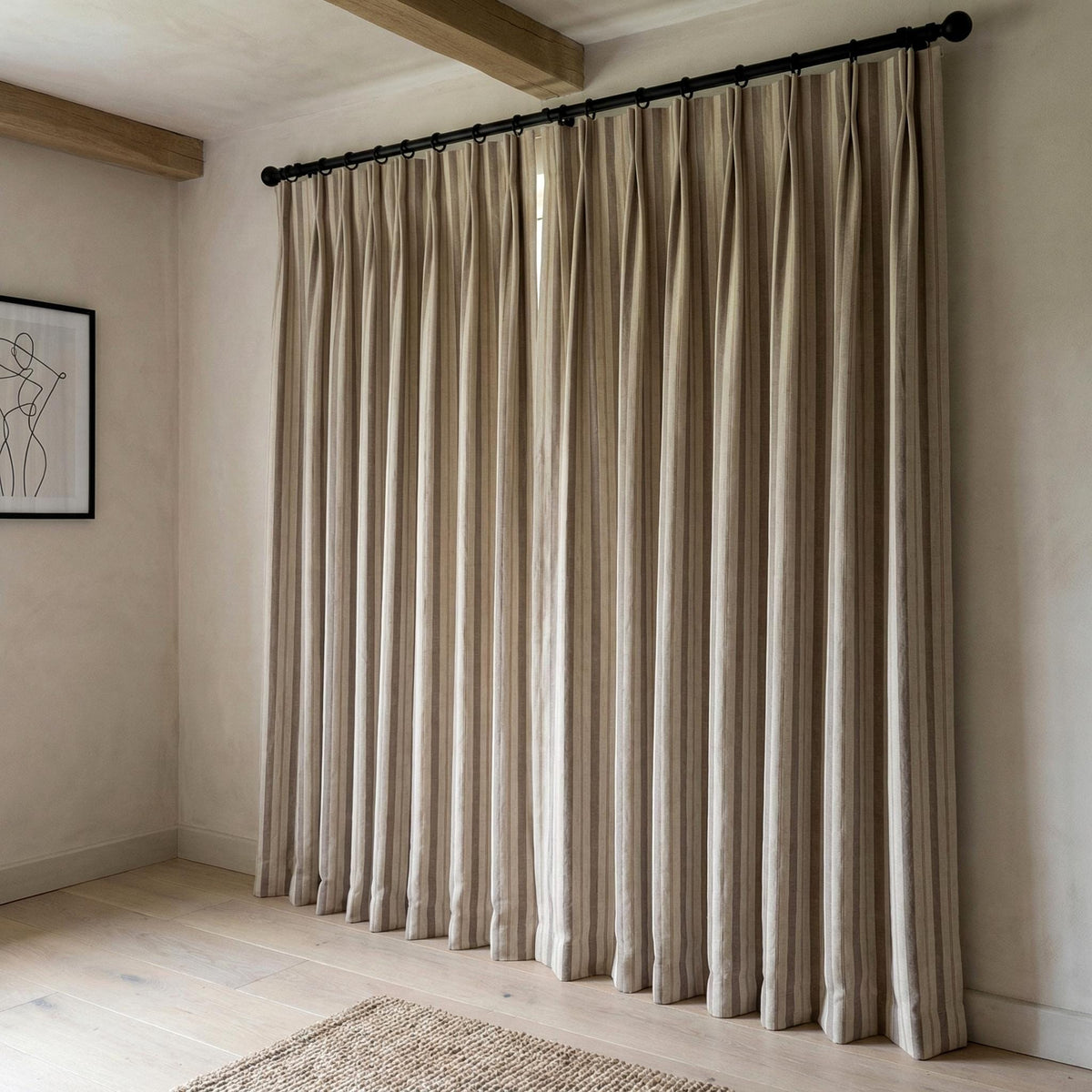 Pure Linen Pinch Pleat Curtains, Taupe & Beige Farmhouse Stripe Drapes, Custom Sizes, Blackout or Cotton Lined, Single or Pair — image 6
