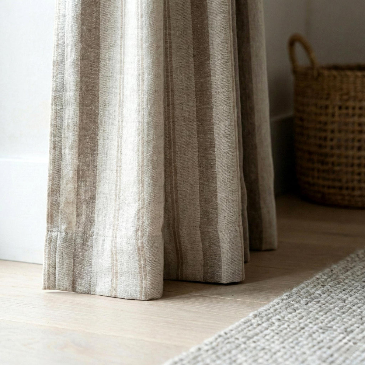 Pure Linen Pinch Pleat Curtains, Taupe & Beige Farmhouse Stripe Drapes, Custom Sizes, Blackout or Cotton Lined, Single or Pair — image 8