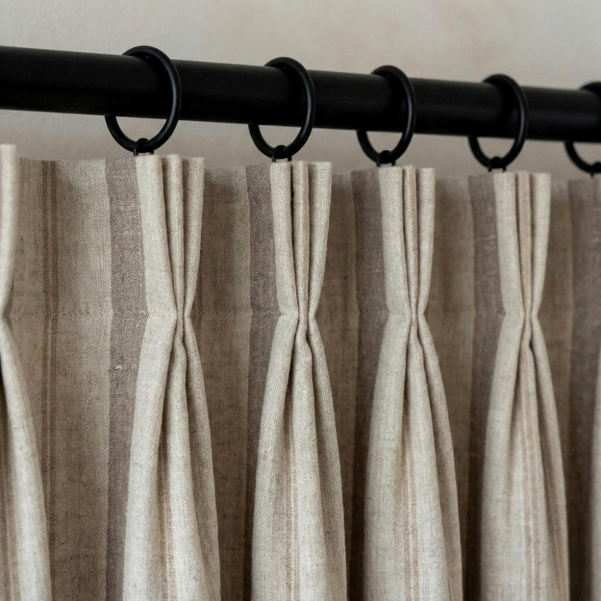 Pure Linen Pinch Pleat Curtains, Taupe & Beige Farmhouse Stripe Drapes, Custom Sizes, Blackout or Cotton Lined, Single or Pair — image 10