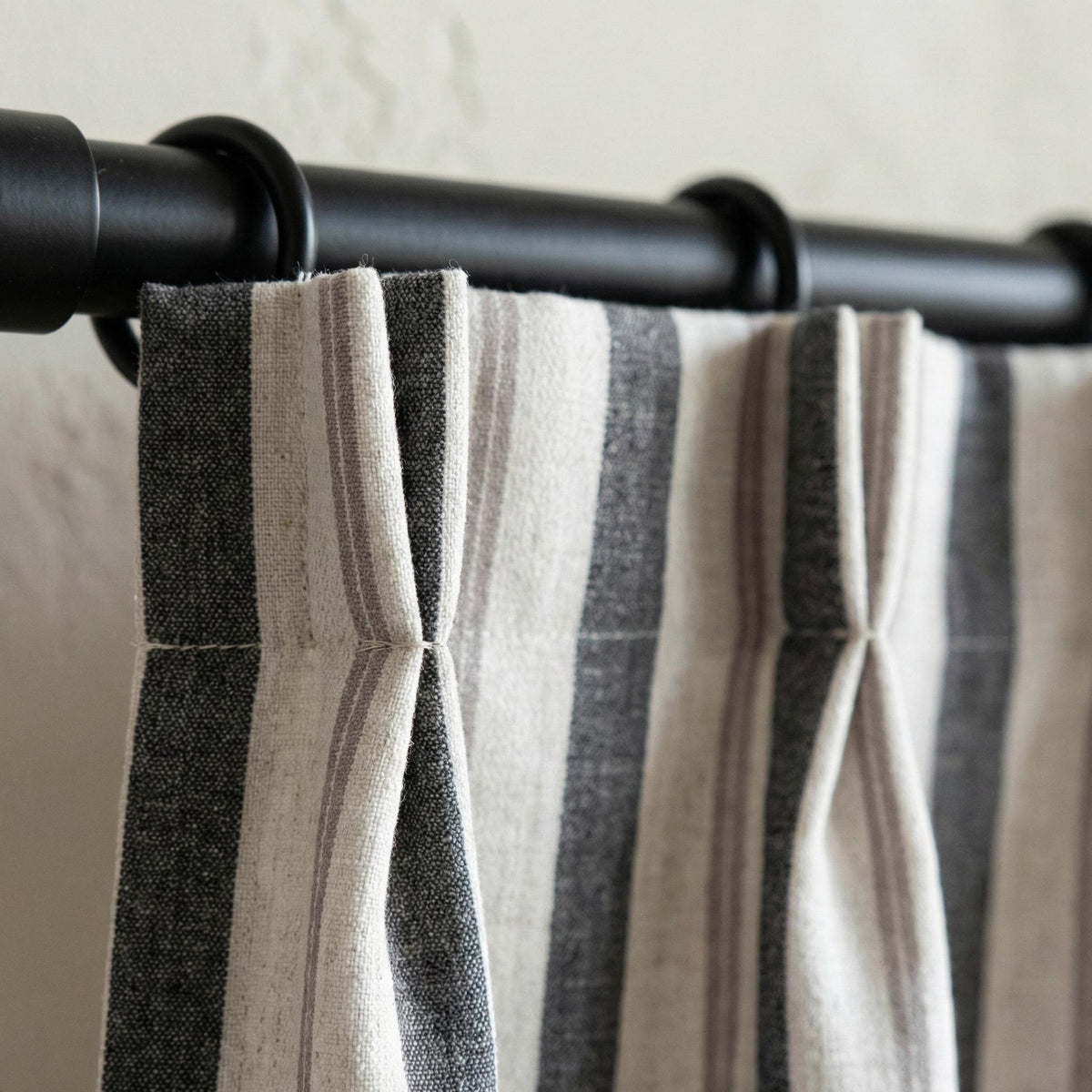 Pure Linen Pinch Pleat Curtains, Charcoal Grey & Natural Farmhouse Stripe Drapes, Custom Sizes, Blackout or Cotton Lined, Single or Pair — image 1