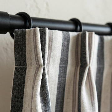 Pure Linen Pinch Pleat Curtains, Charcoal Grey & Natural Farmhouse Stripe Drapes, Custom Sizes, Blackout or Cotton Lined, Single or Pair — image 1