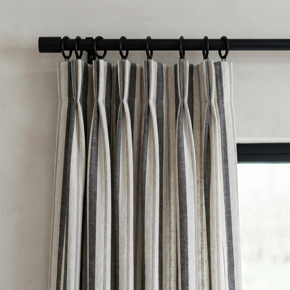 Pure Linen Pinch Pleat Curtains, Charcoal Grey & Natural Farmhouse Stripe Drapes, Custom Sizes, Blackout or Cotton Lined, Single or Pair — image 1