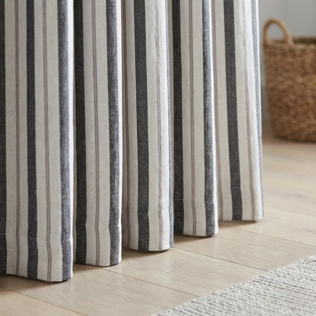 Pure Linen Pinch Pleat Curtains, Charcoal Grey & Natural Farmhouse Stripe Drapes, Custom Sizes, Blackout or Cotton Lined, Single or Pair — image 3