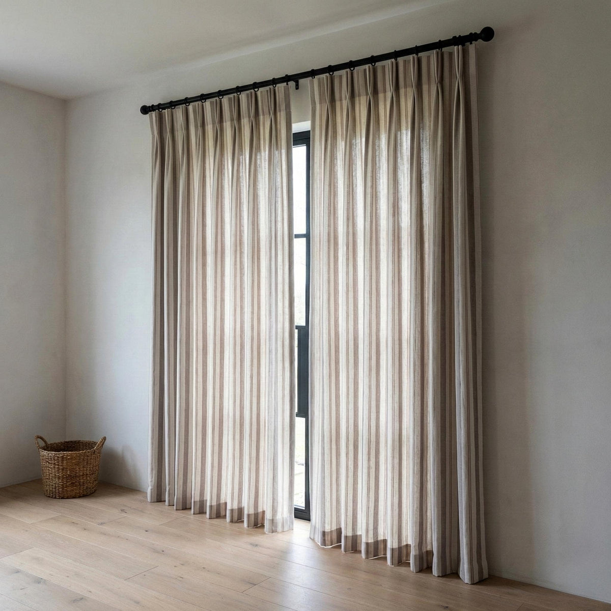 Linen Pinch Pleat Curtains, Taupe & Oatmeal Farmhouse Stripe Drapes, Custom Sizes, Blackout or Cotton Lined, Single or Pair — image 6
