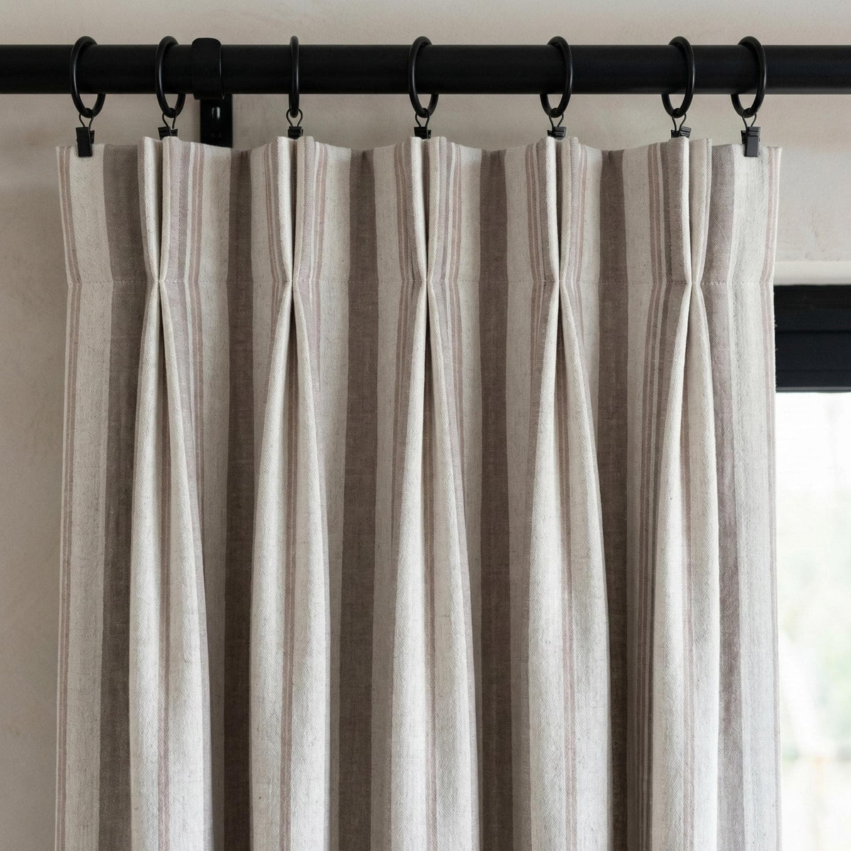 Linen Pinch Pleat Curtains, Taupe & Oatmeal Farmhouse Stripe Drapes, Custom Sizes, Blackout or Cotton Lined, Single or Pair — image 7