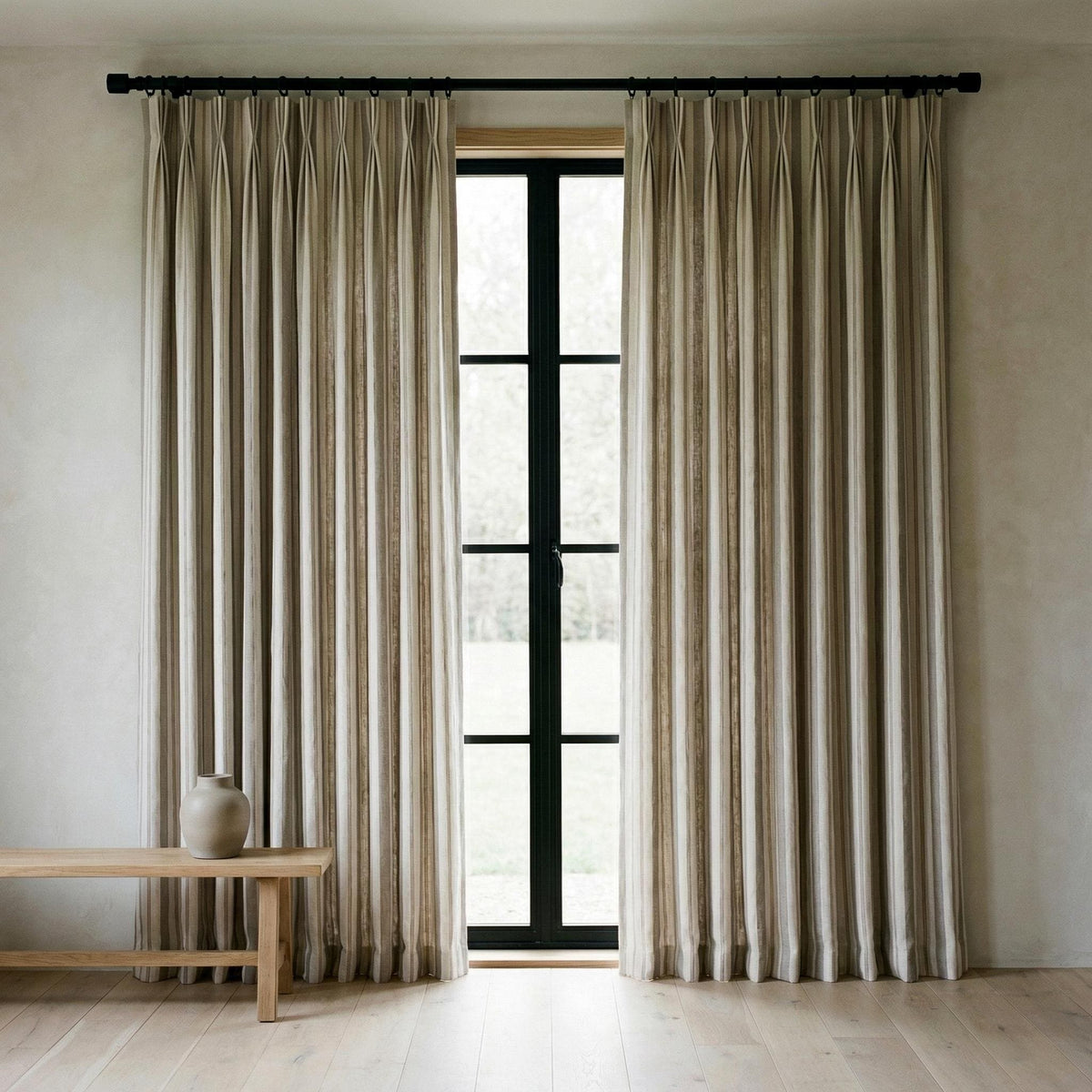 Linen Pinch Pleat Curtains, Taupe & Oatmeal Farmhouse Stripe Drapes, Custom Sizes, Blackout or Cotton Lined, Single or Pair — image 9