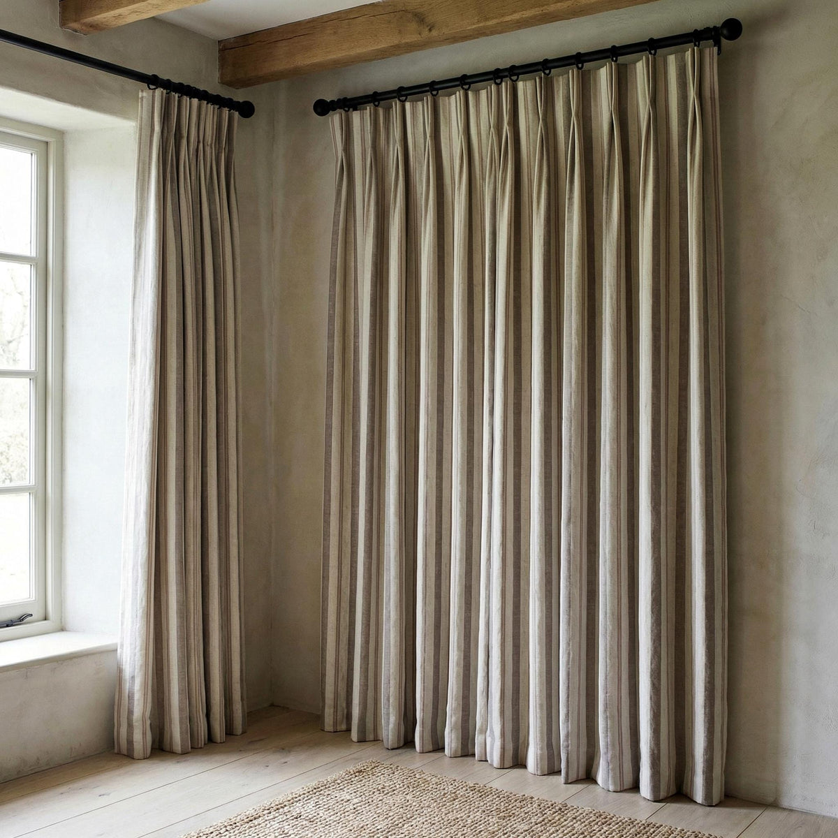 Linen Pinch Pleat Curtains, Taupe & Oatmeal Farmhouse Stripe Drapes, Custom Sizes, Blackout or Cotton Lined, Single or Pair — image 8