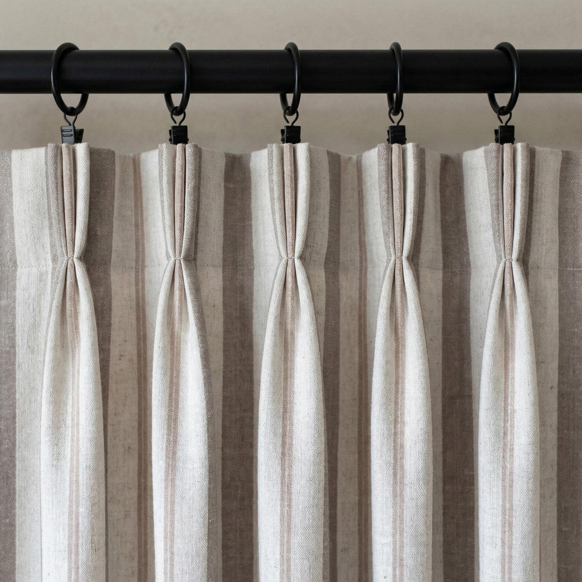 Linen Pinch Pleat Curtains, Taupe & Oatmeal Farmhouse Stripe Drapes, Custom Sizes, Blackout or Cotton Lined, Single or Pair — image 4