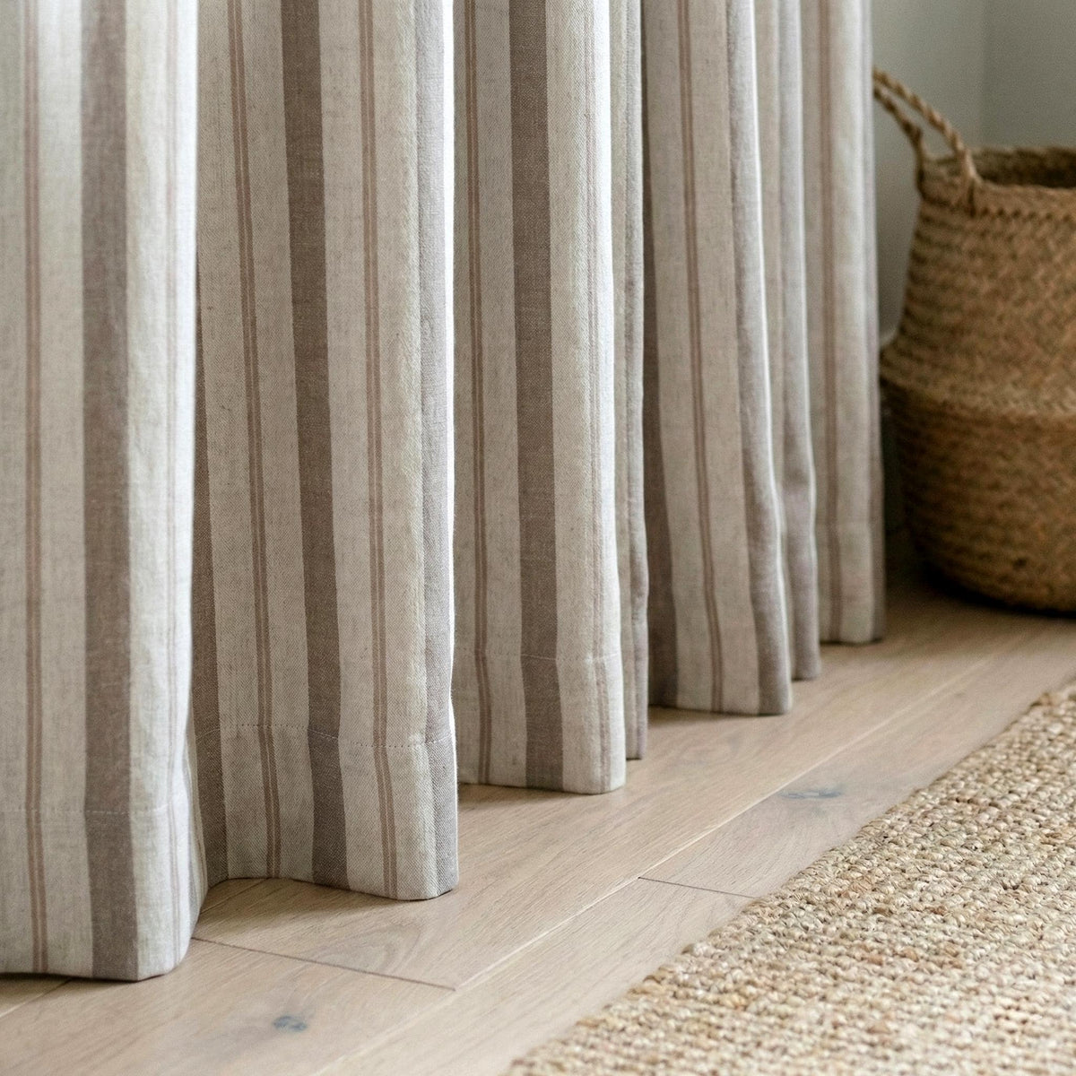 Linen Pinch Pleat Curtains, Taupe & Oatmeal Farmhouse Stripe Drapes, Custom Sizes, Blackout or Cotton Lined, Single or Pair — image 5