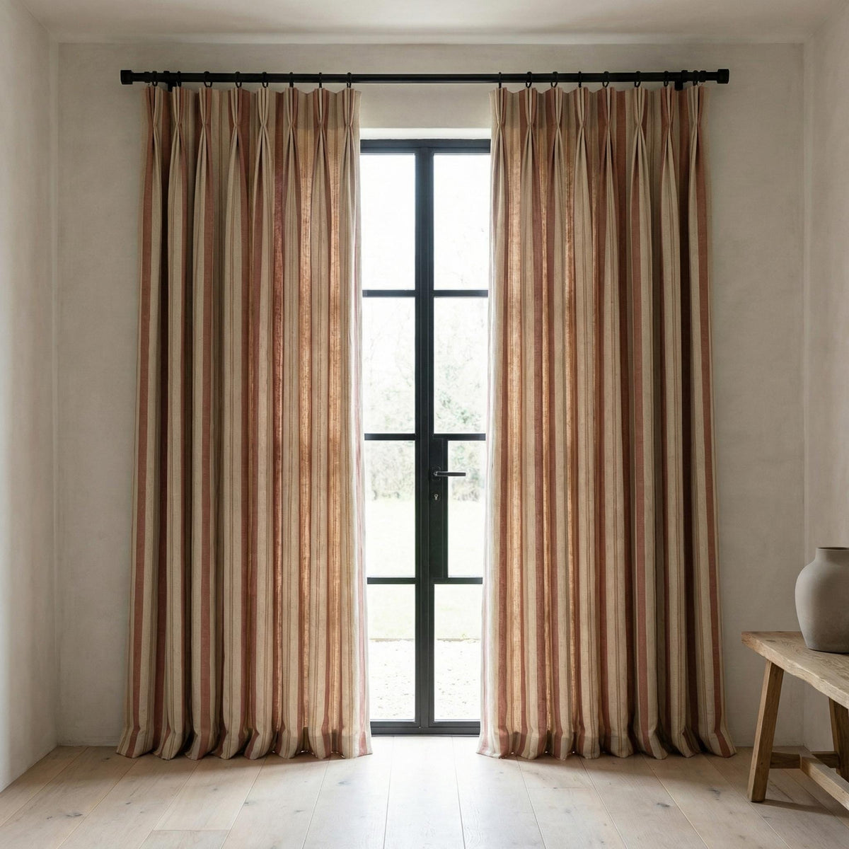 Linen Pinch Pleat Curtains, Terracotta & Oatmeal Farmhouse Stripe Drapes, Custom Sizes, Blackout or Cotton Lined, Single or Pair — image 8