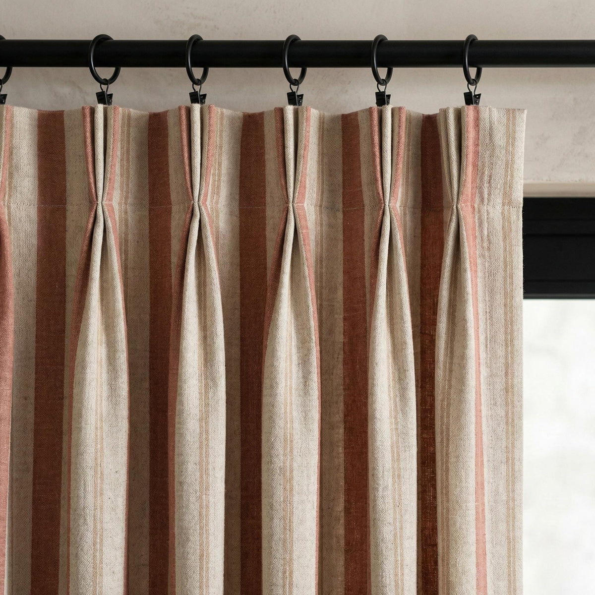 Linen Pinch Pleat Curtains, Terracotta & Oatmeal Farmhouse Stripe Drapes, Custom Sizes, Blackout or Cotton Lined, Single or Pair — image 9
