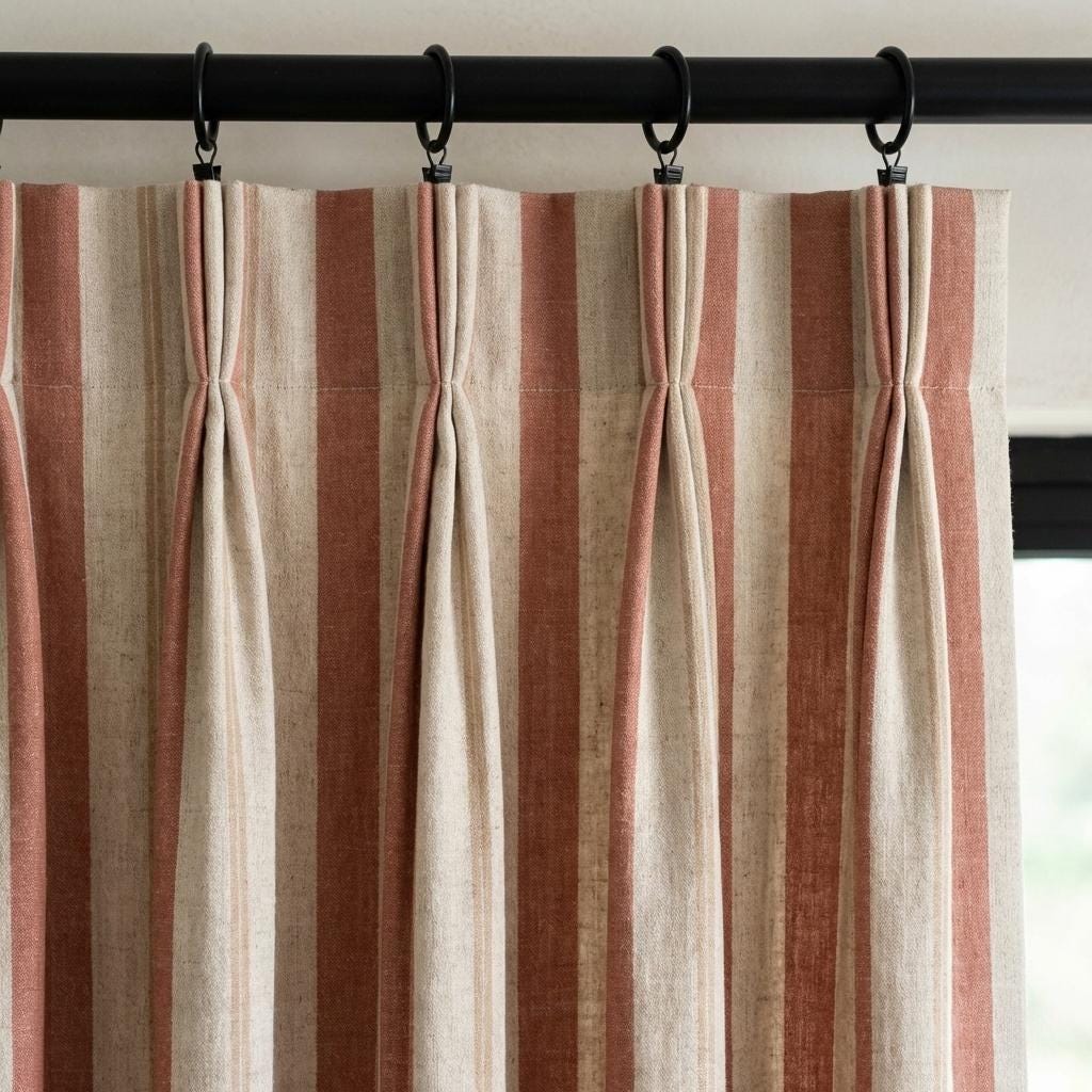 Linen Pinch Pleat Curtains, Terracotta & Oatmeal Farmhouse Stripe Drapes, Custom Sizes, Blackout or Cotton Lined, Single or Pair — image 1