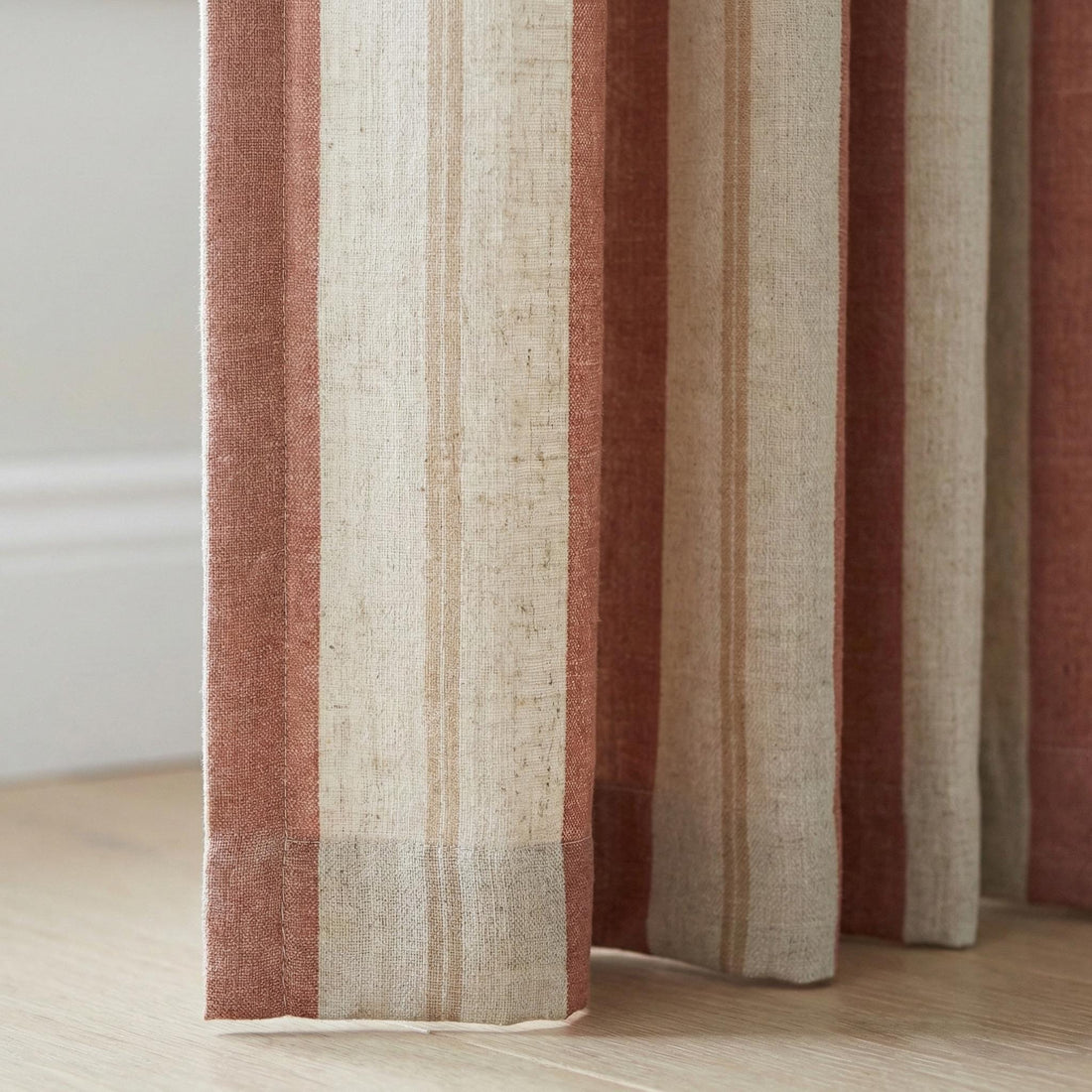 Linen Pinch Pleat Curtains, Terracotta & Oatmeal Farmhouse Stripe Drapes, Custom Sizes, Blackout or Cotton Lined, Single or Pair — image 1