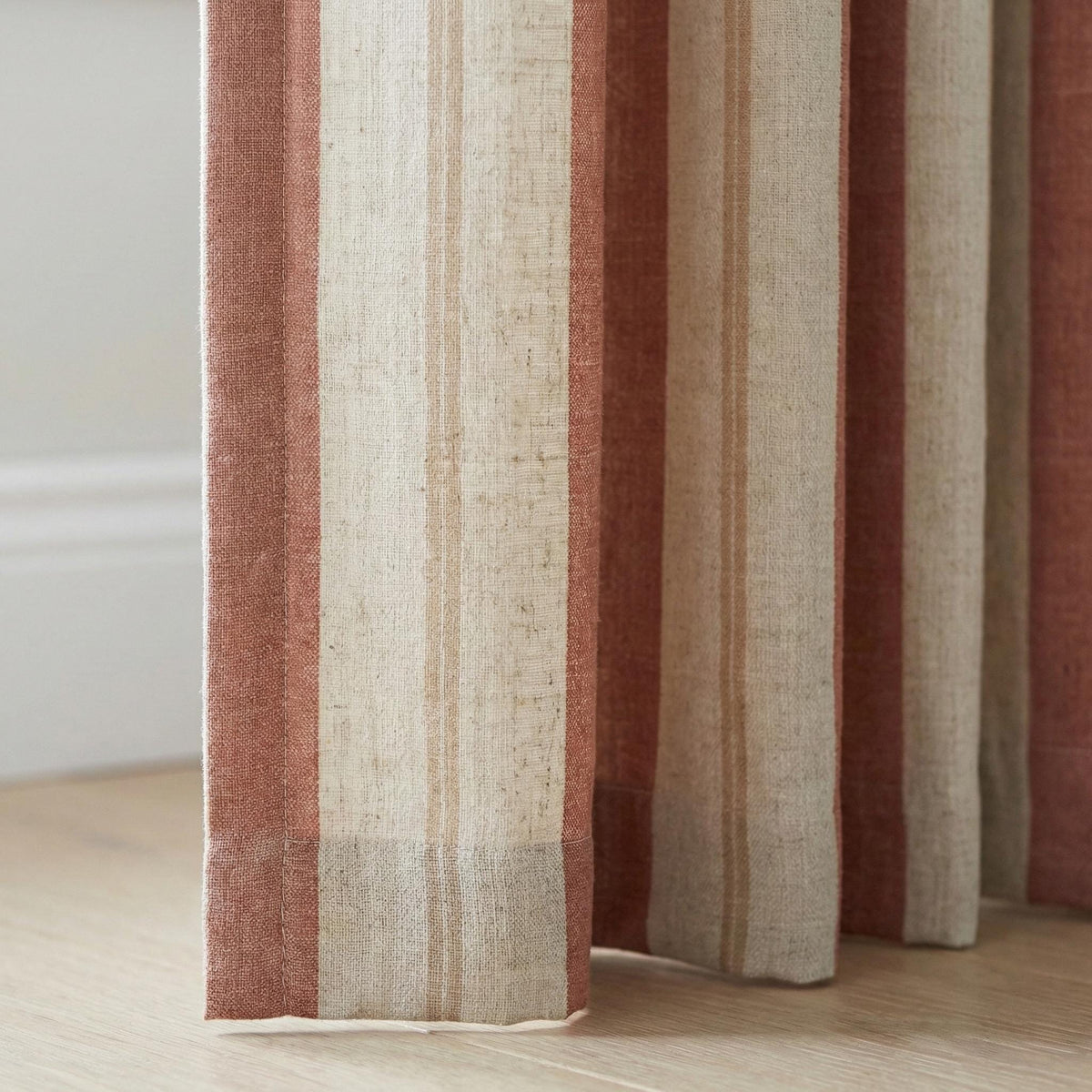 Linen Pinch Pleat Curtains, Terracotta & Oatmeal Farmhouse Stripe Drapes, Custom Sizes, Blackout or Cotton Lined, Single or Pair — image 2