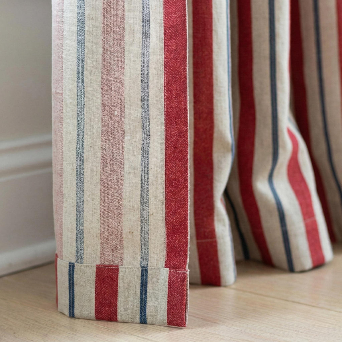 Natural Linen Red & Navy Farmhouse Stripe Pinch Pleat Curtains, Custom Drapes, Cotton Lined or 100% Blackout, Single/Pair — image 6