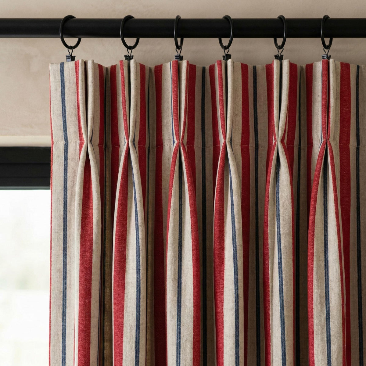 Natural Linen Red & Navy Farmhouse Stripe Pinch Pleat Curtains, Custom Drapes, Cotton Lined or 100% Blackout, Single/Pair — image 2
