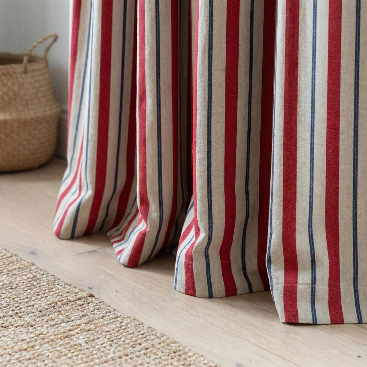 Natural Linen Red & Navy Farmhouse Stripe Pinch Pleat Curtains, Custom Drapes, Cotton Lined or 100% Blackout, Single/Pair — image 3