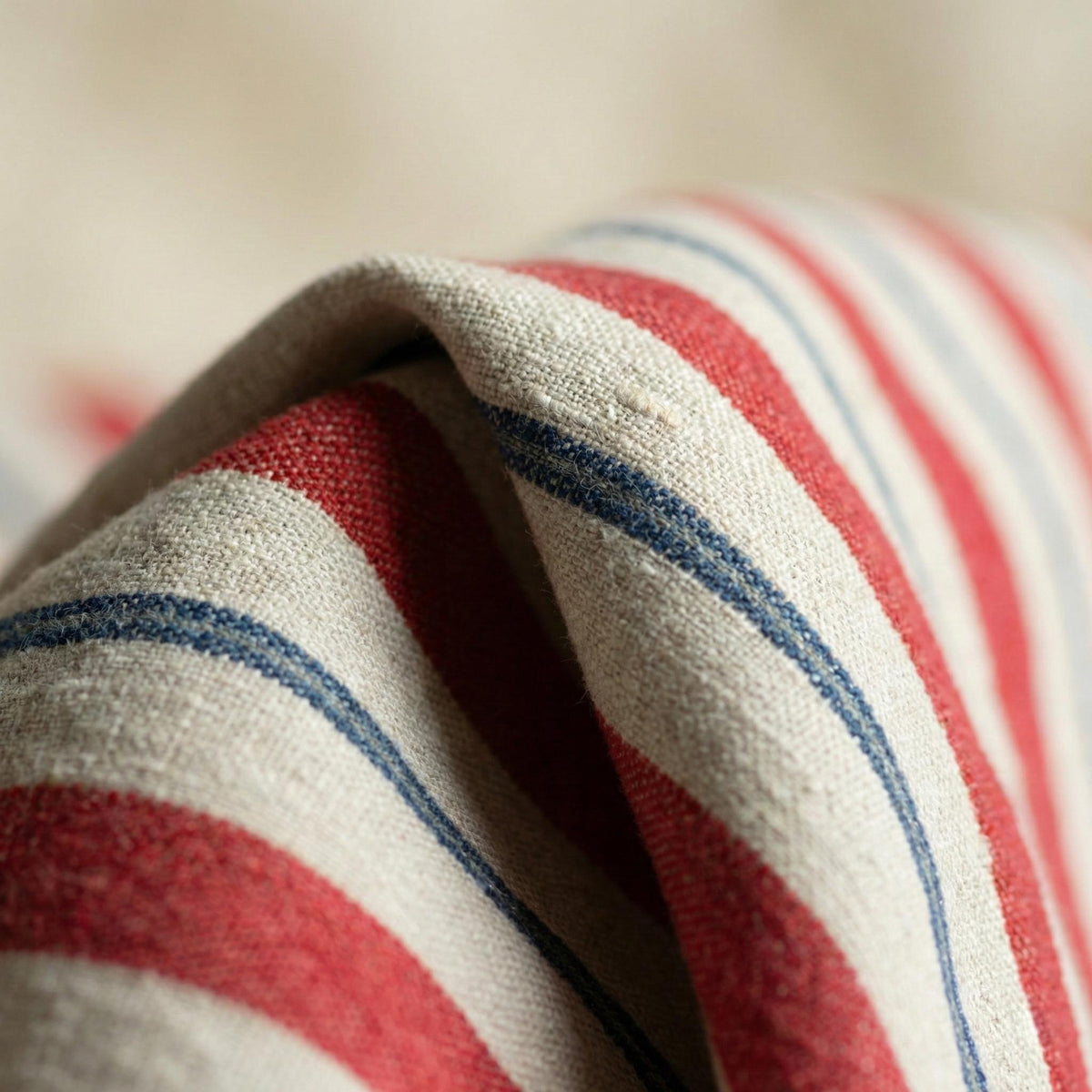 Natural Linen Red & Navy Farmhouse Stripe Pinch Pleat Curtains, Custom Drapes, Cotton Lined or 100% Blackout, Single/Pair — image 4