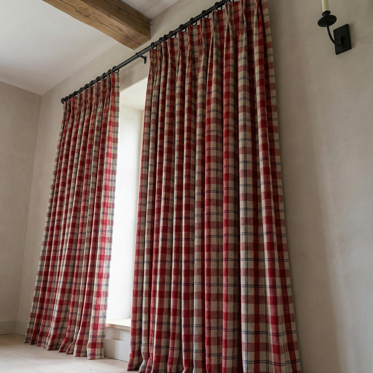 Red & Navy Plaid Linen Pinch Pleat Curtains, Farmhouse Check Drapes, Blackout or Cotton Lined, Custom Size Panel/Pair — image 5
