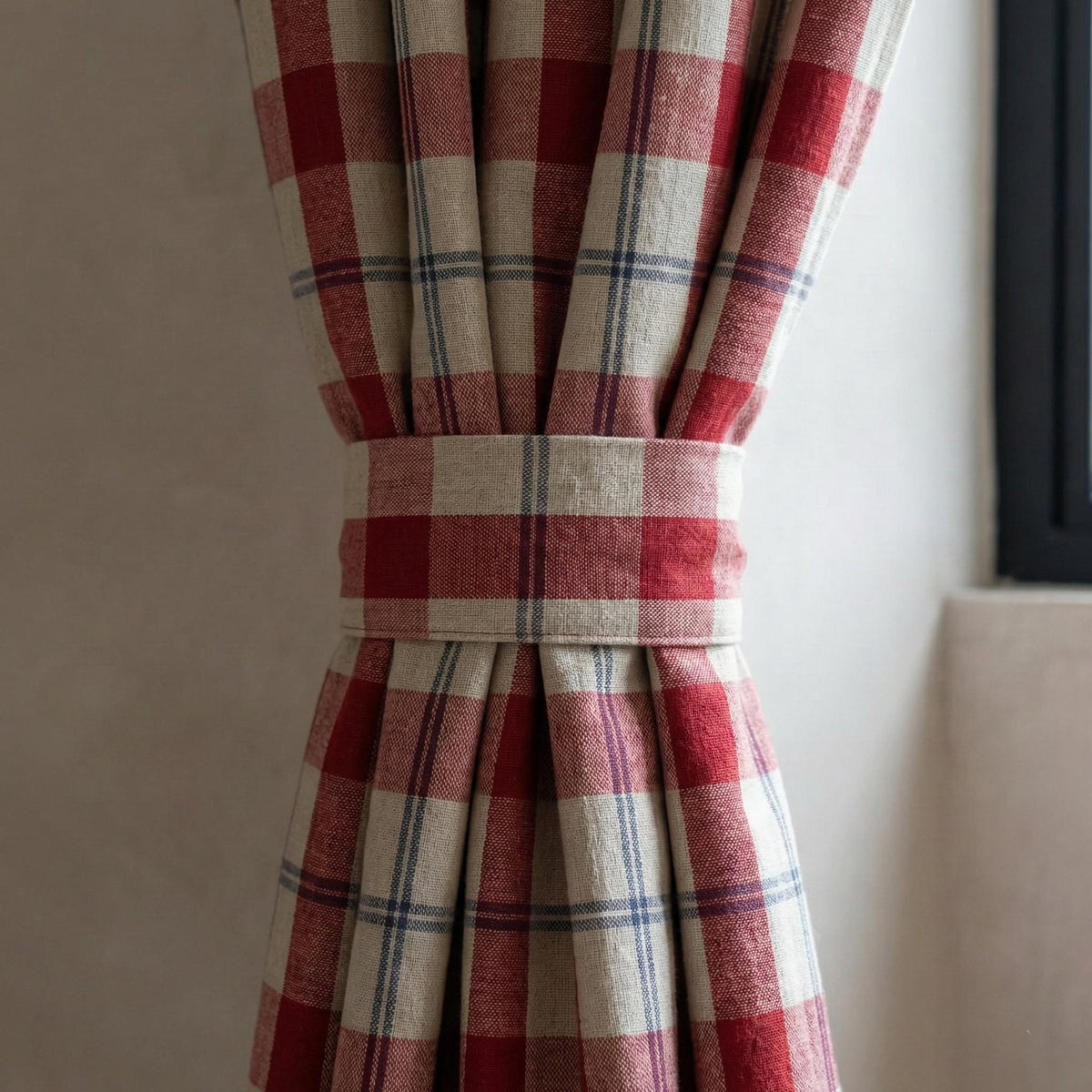 Red & Navy Plaid Linen Pinch Pleat Curtains, Farmhouse Check Drapes, Blackout or Cotton Lined, Custom Size Panel/Pair — image 3
