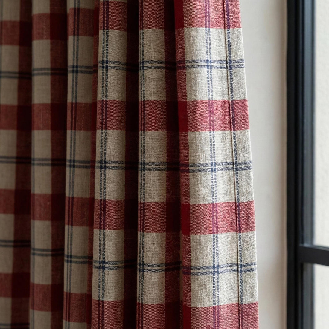 Red & Navy Plaid Linen Pinch Pleat Curtains, Farmhouse Check Drapes, Blackout or Cotton Lined, Custom Size Panel/Pair — image 1