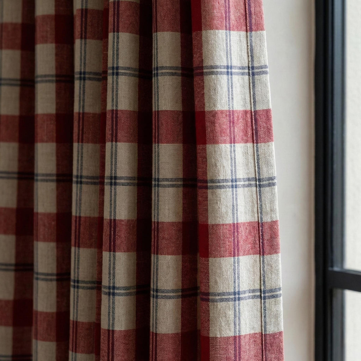 Red & Navy Plaid Linen Pinch Pleat Curtains, Farmhouse Check Drapes, Blackout or Cotton Lined, Custom Size Panel/Pair — image 2