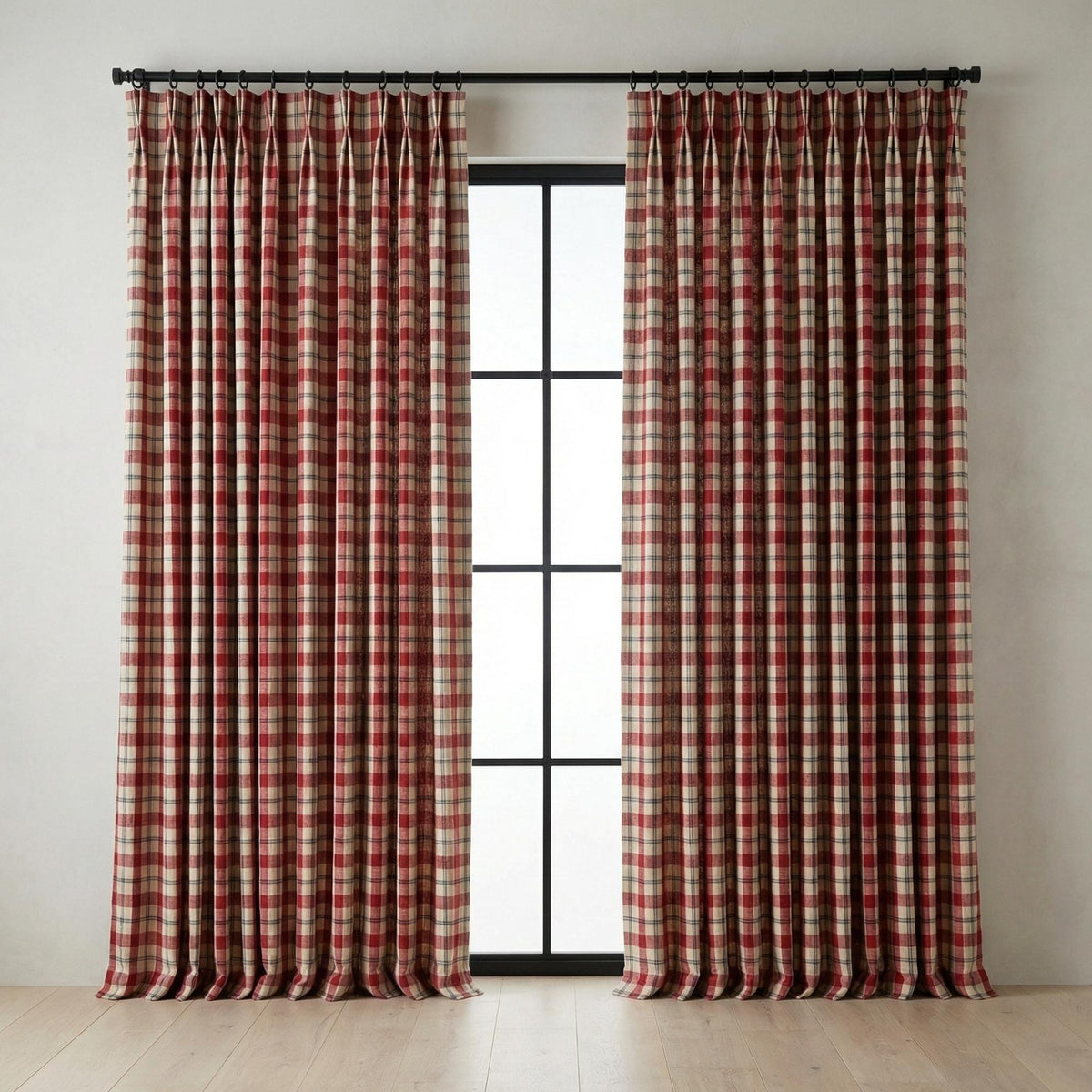 Red & Navy Plaid Linen Pinch Pleat Curtains, Farmhouse Check Drapes, Blackout or Cotton Lined, Custom Size Panel/Pair — image 6