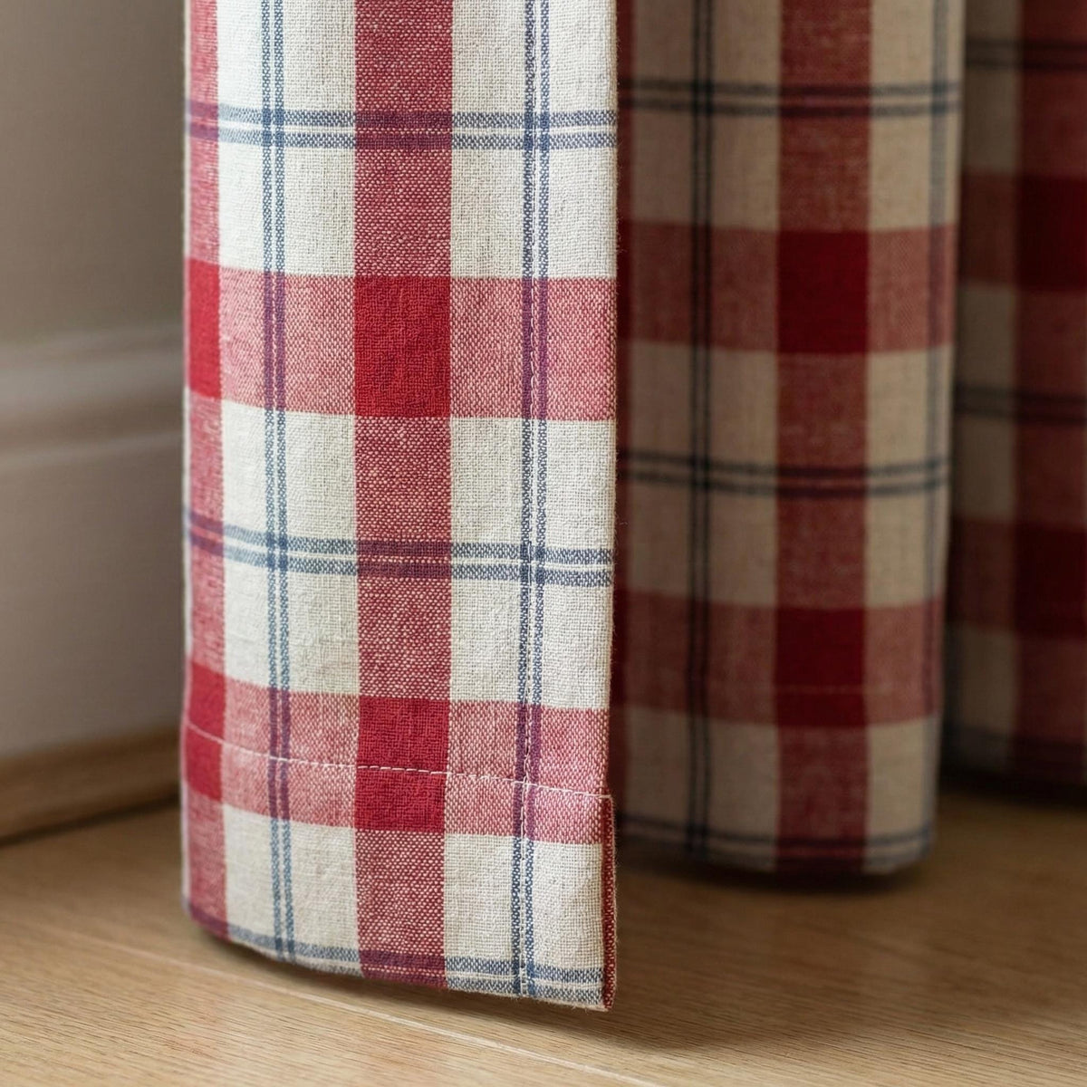 Red & Navy Plaid Linen Pinch Pleat Curtains, Farmhouse Check Drapes, Blackout or Cotton Lined, Custom Size Panel/Pair — image 4