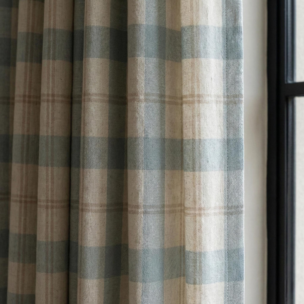 Sky Blue Buffalo Check Pinch Pleat Linen Curtains, Custom Farmhouse Drapes, Cotton Lined or Blackout, Single or Pair — image 7