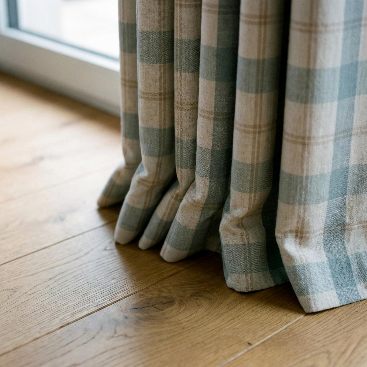 Sky Blue Buffalo Check Pinch Pleat Linen Curtains, Custom Farmhouse Drapes, Cotton Lined or Blackout, Single or Pair — image 9