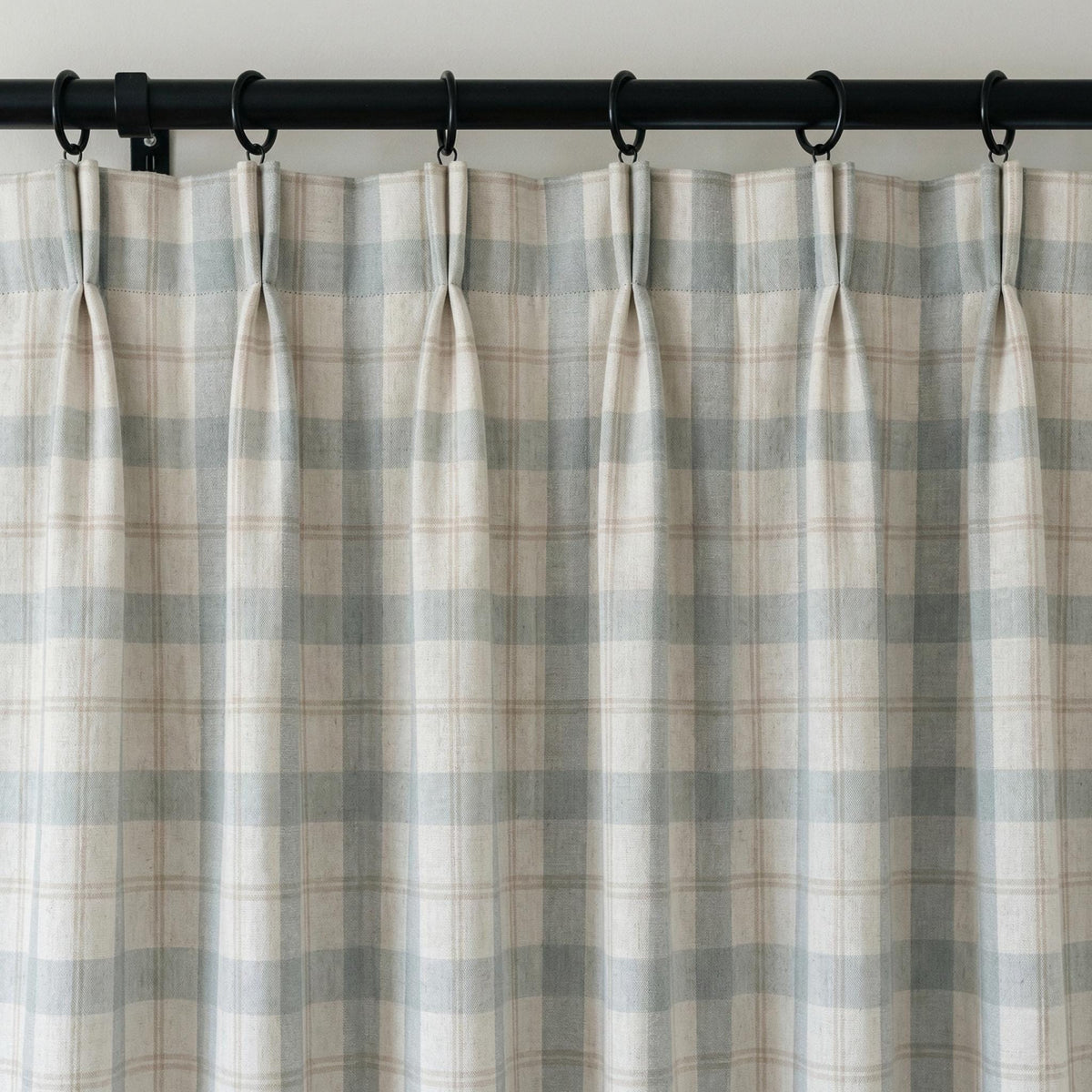 Sky Blue Buffalo Check Pinch Pleat Linen Curtains, Custom Farmhouse Drapes, Cotton Lined or Blackout, Single or Pair — image 10