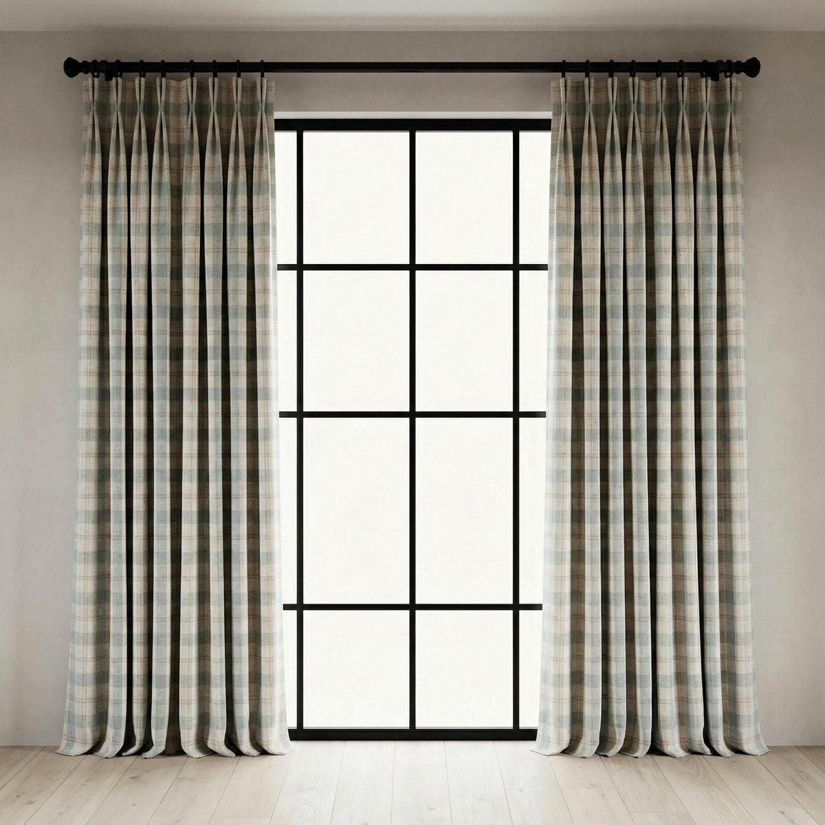 Sky Blue Buffalo Check Pinch Pleat Linen Curtains, Custom Farmhouse Drapes, Cotton Lined or Blackout, Single or Pair — image 8