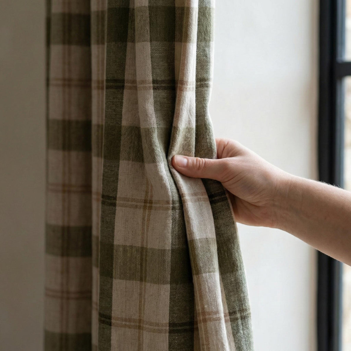 Green & Natural Linen Plaid Pinch Pleat Curtains, Custom Farmhouse Window Drapes, Lined or Blackout, Single or Pair — image 6