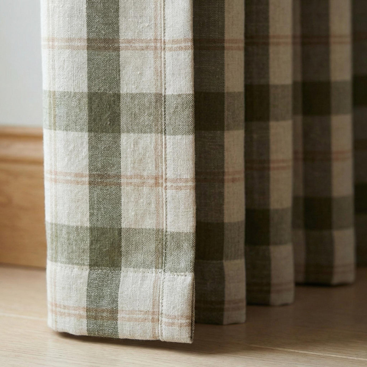 Green & Natural Linen Plaid Pinch Pleat Curtains, Custom Farmhouse Window Drapes, Lined or Blackout, Single or Pair — image 3