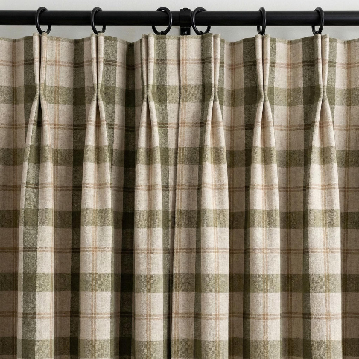 Green & Natural Linen Plaid Pinch Pleat Curtains, Custom Farmhouse Window Drapes, Lined or Blackout, Single or Pair — image 9