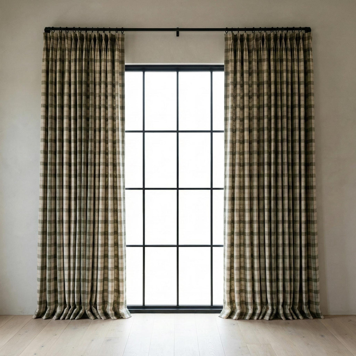 Green & Natural Linen Plaid Pinch Pleat Curtains, Custom Farmhouse Window Drapes, Lined or Blackout, Single or Pair — image 7