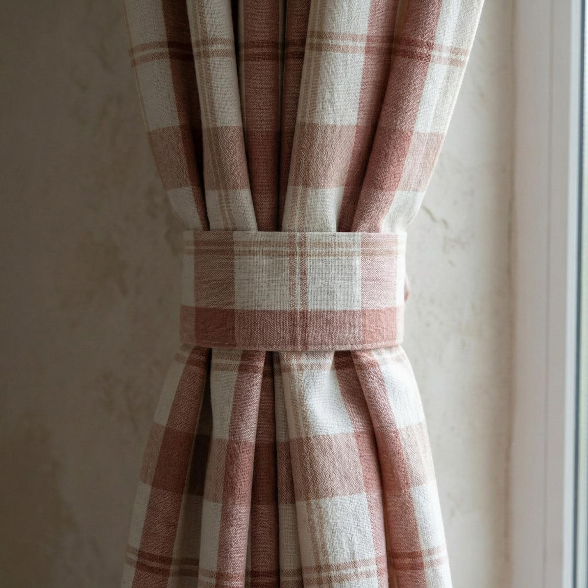 Blush & Ivory Farmhouse Plaid Pure Linen Pinch Pleat Curtains, Custom Size, Blackout or Cotton Lined, Single or Pair — image 3