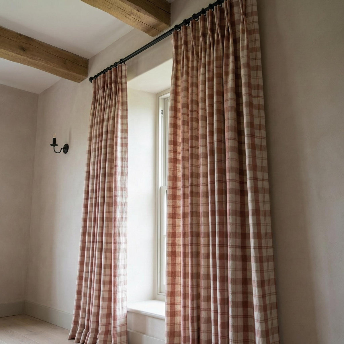 Blush & Ivory Farmhouse Plaid Pure Linen Pinch Pleat Curtains, Custom Size, Blackout or Cotton Lined, Single or Pair — image 7