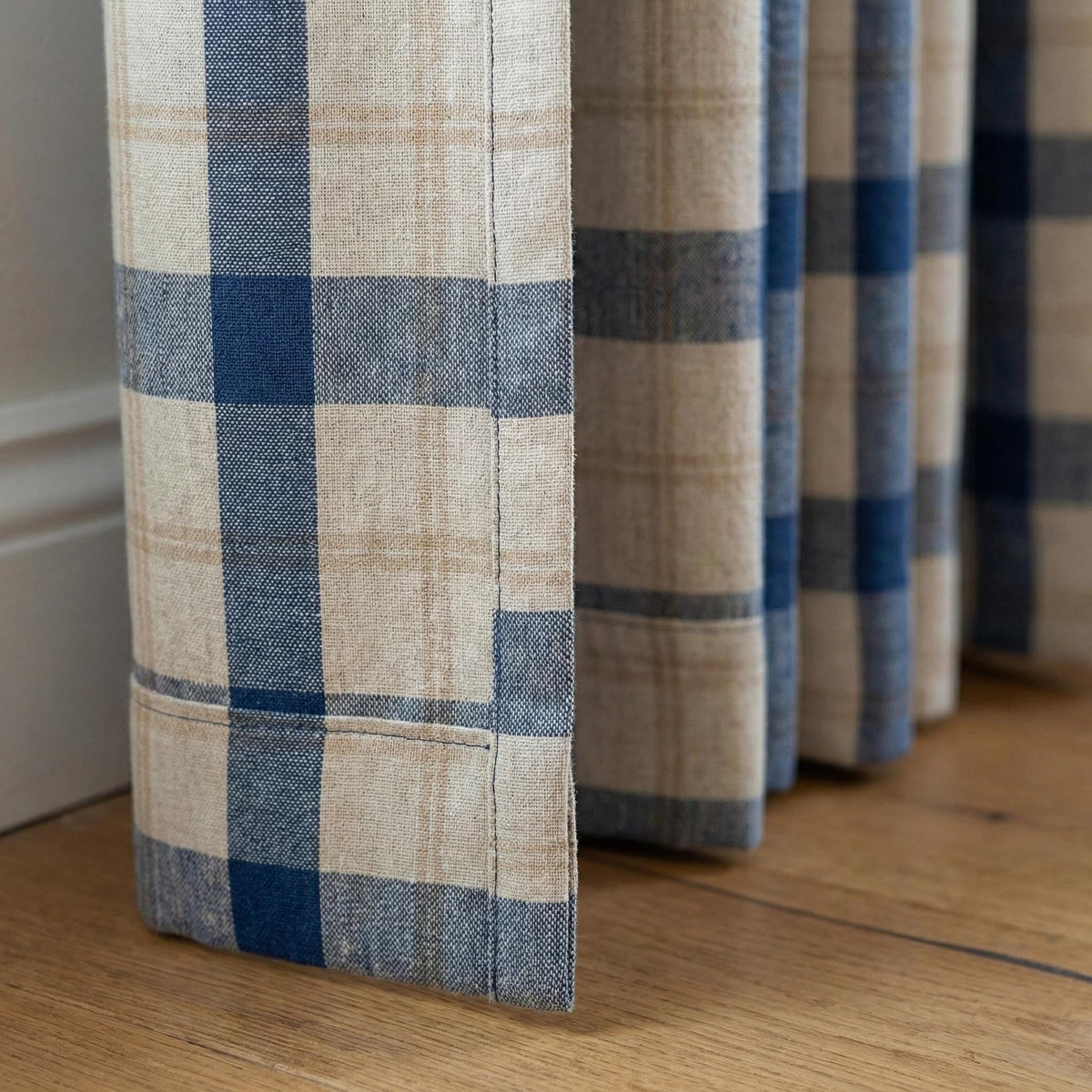 Blue & Natural Plaid Linen Pinch Pleat Curtains, Panel or Pair, Custom Sizes, Cotton Lined or 100% Blackout — image 4