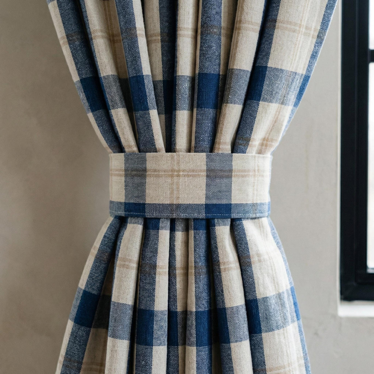 Blue & Natural Plaid Linen Pinch Pleat Curtains, Panel or Pair, Custom Sizes, Cotton Lined or 100% Blackout — image 3