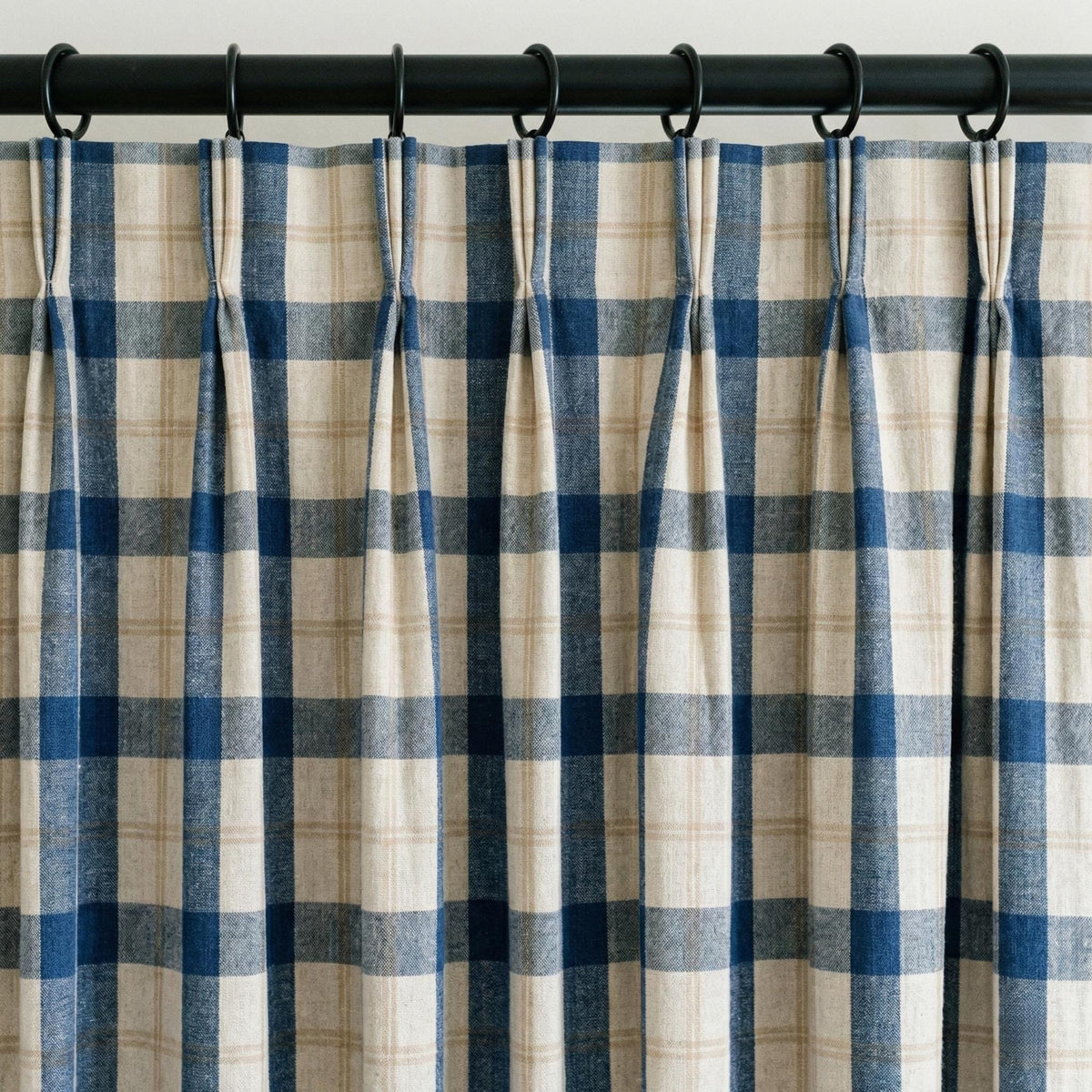 Blue & Natural Plaid Linen Pinch Pleat Curtains, Panel or Pair, Custom Sizes, Cotton Lined or 100% Blackout — image 6