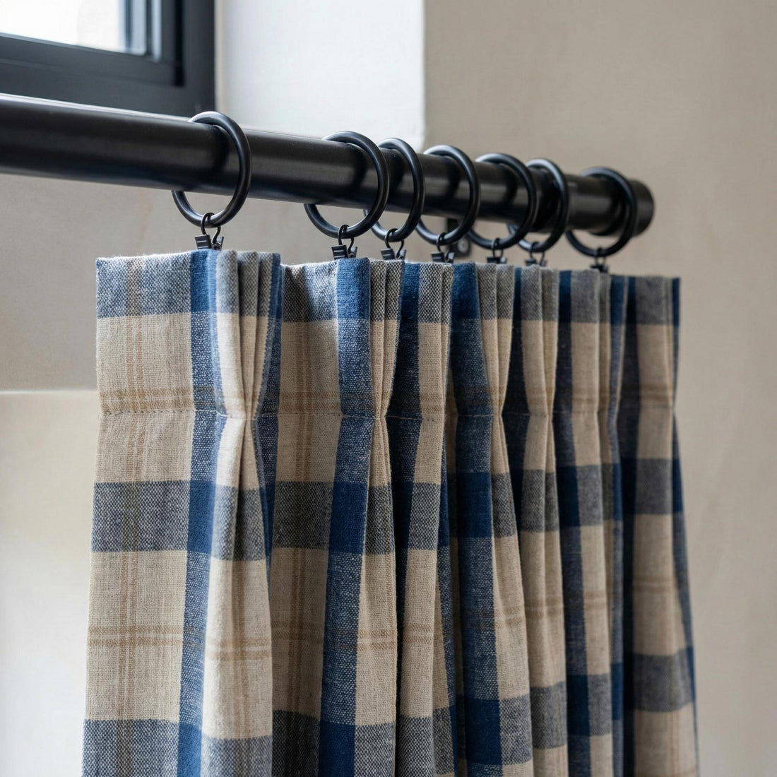 Blue & Natural Plaid Linen Pinch Pleat Curtains, Panel or Pair, Custom Sizes, Cotton Lined or 100% Blackout — image 1