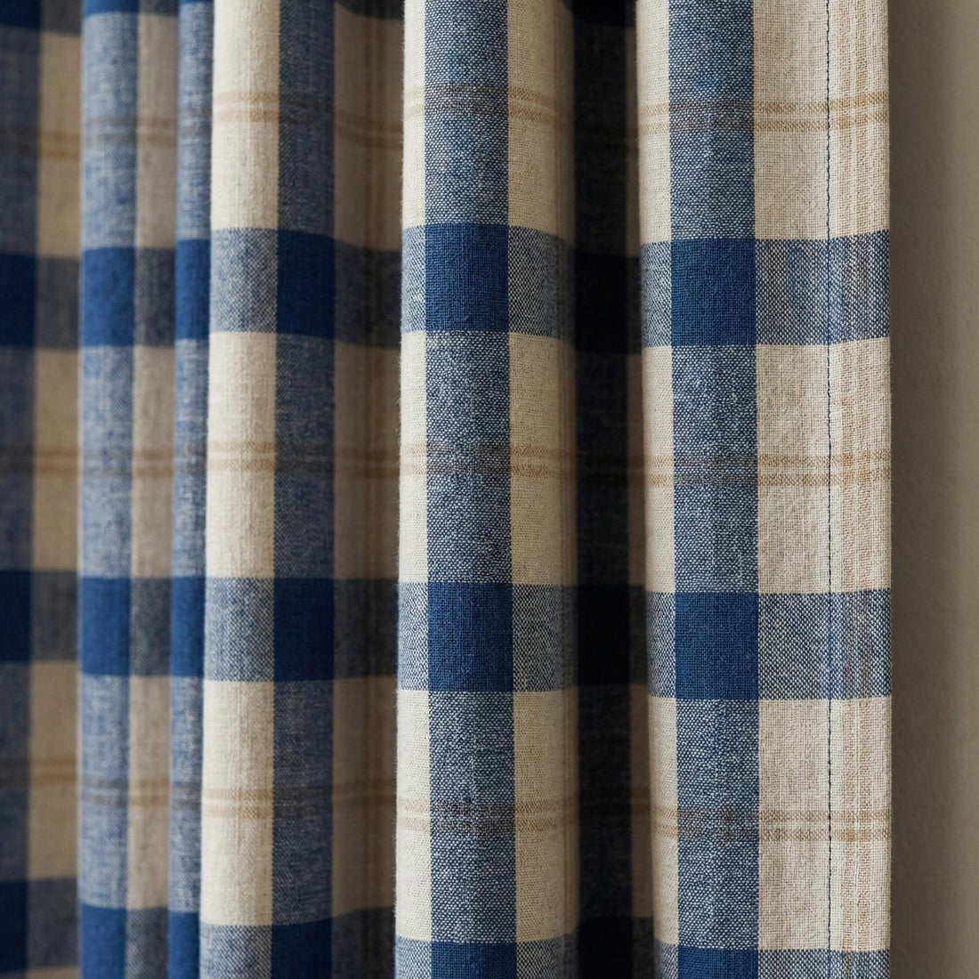 Blue & Natural Plaid Linen Pinch Pleat Curtains, Panel or Pair, Custom Sizes, Cotton Lined or 100% Blackout — image 1