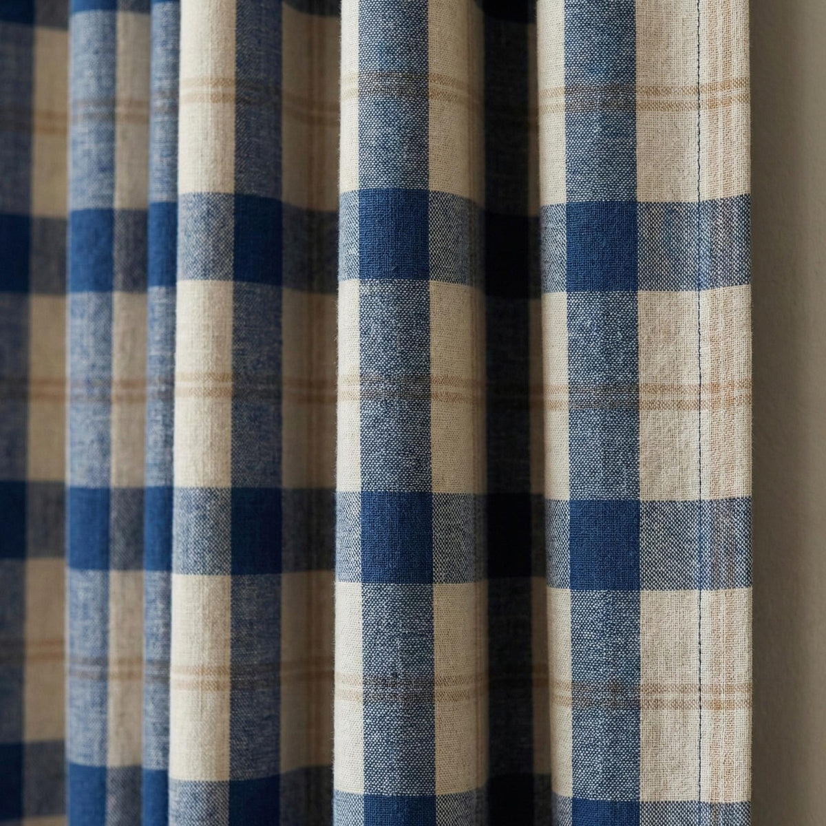 Blue & Natural Plaid Linen Pinch Pleat Curtains, Panel or Pair, Custom Sizes, Cotton Lined or 100% Blackout — image 2