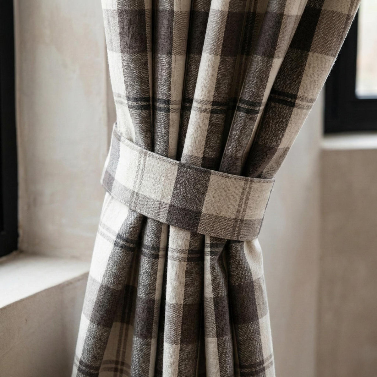 Charcoal & Natural Linen Plaid Pinch Pleat Curtains, Custom Drapes, Blackout or Cotton Lined, Single or Pair — image 3