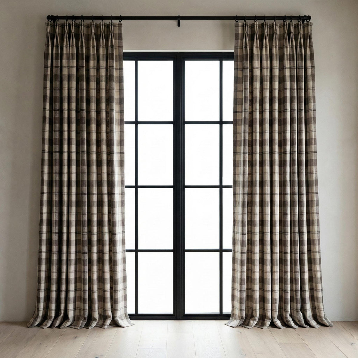 Charcoal & Natural Linen Plaid Pinch Pleat Curtains, Custom Drapes, Blackout or Cotton Lined, Single or Pair — image 10